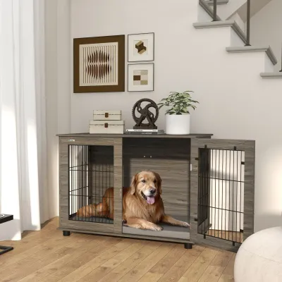 2-in-1 Hundebox Grau (100x60x73,5 cm) – Beistelltisch & Plüschkissen