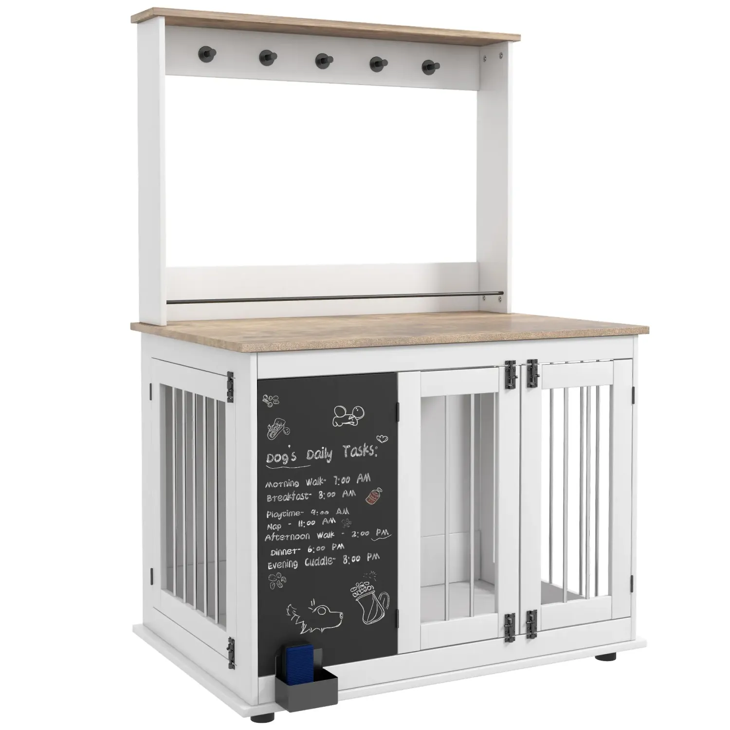 Hundebox für grosse Hunde mit Aufbewahrungsregal für Spielzeug, Haken für Leinen, Schreibtafel, Weiss