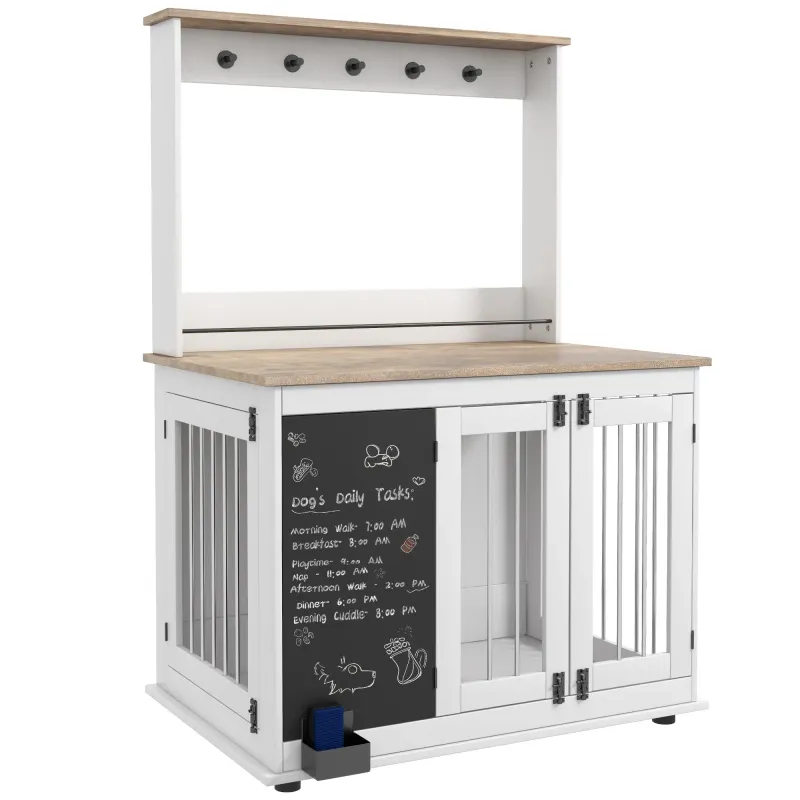 Hundebox für grosse Hunde mit Aufbewahrungsregal für Spielzeug, Haken für Leinen, Schreibtafel, Weiss