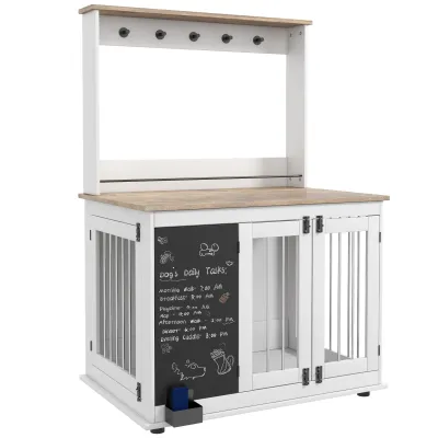 Hundebox für grosse Hunde mit Aufbewahrungsregal für Spielzeug, Haken für Leinen, Schreibtafel, Weiss