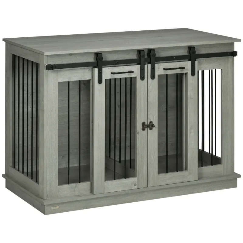 Heim-Hundebox, Hundekäfig mit Trennwand für 2 Hunde, rustikales Design, verriegelbar, Grau