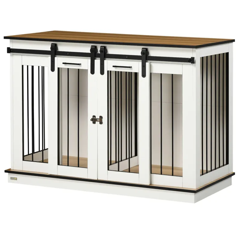 Heim-Hundebox, Hundekäfig mit Trennwand für 2 Hunde, rustikales Design, verriegelbar, weiss