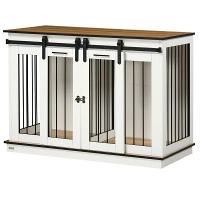 Heim-Hundebox, Hundekäfig mit Trennwand für 2 Hunde, rustikales Design, verriegelbar, weiss