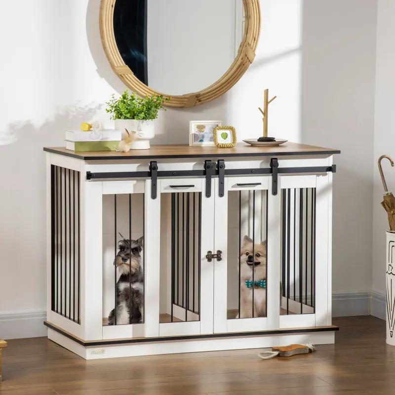 Doppel-Hundebox Hundekäfig mit Trennwand für 2 Hunde, (120x60x88,5 cm), verriegelbar, weiss