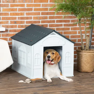 Hundehütte mit Satteldach - wetterfest, Kunststoff, 65x75,7x63cm, Grau