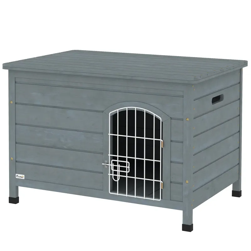 Hundehütte, Hundehaus mit Tür, Hundebox, mit Deckel, Dunkelgrau