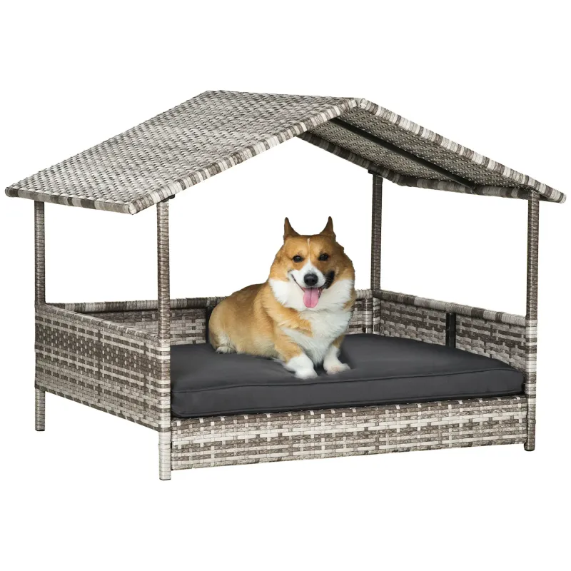 Rattan-Hundehütte Haustierbett Hundekorb, wetterbeständig, abnehmbares Polster, Grau