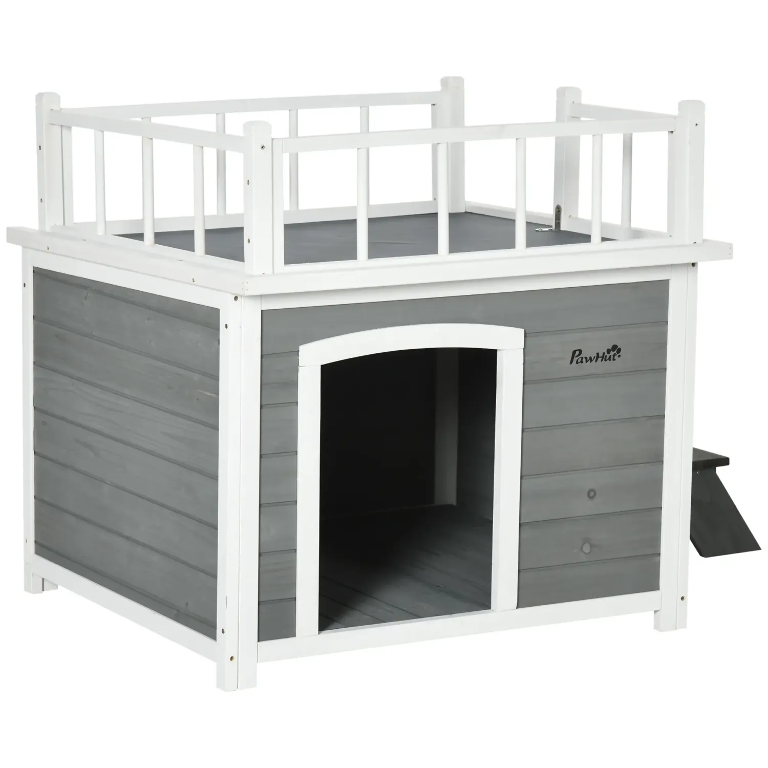 Hundehütte, Katzenhaus mit Dachterrasse Naturholz, hellgrau,