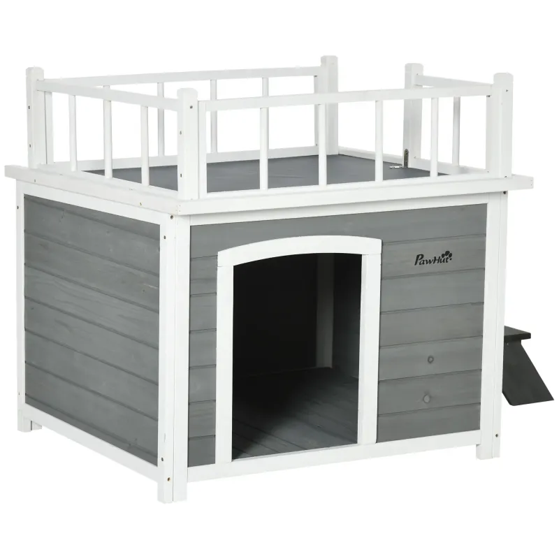 Hundehütte, Katzenhaus mit Dachterrasse Naturholz, hellgrau,