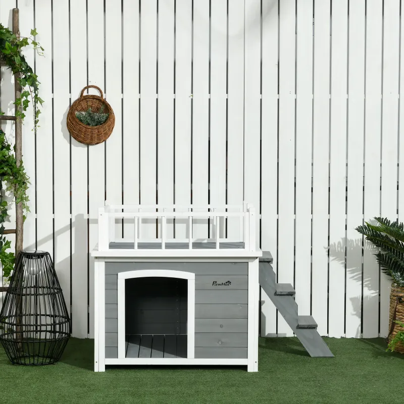 Hundehütte Katzenhaus – Dachterrasse, Treppe, Fenster, Naturholz