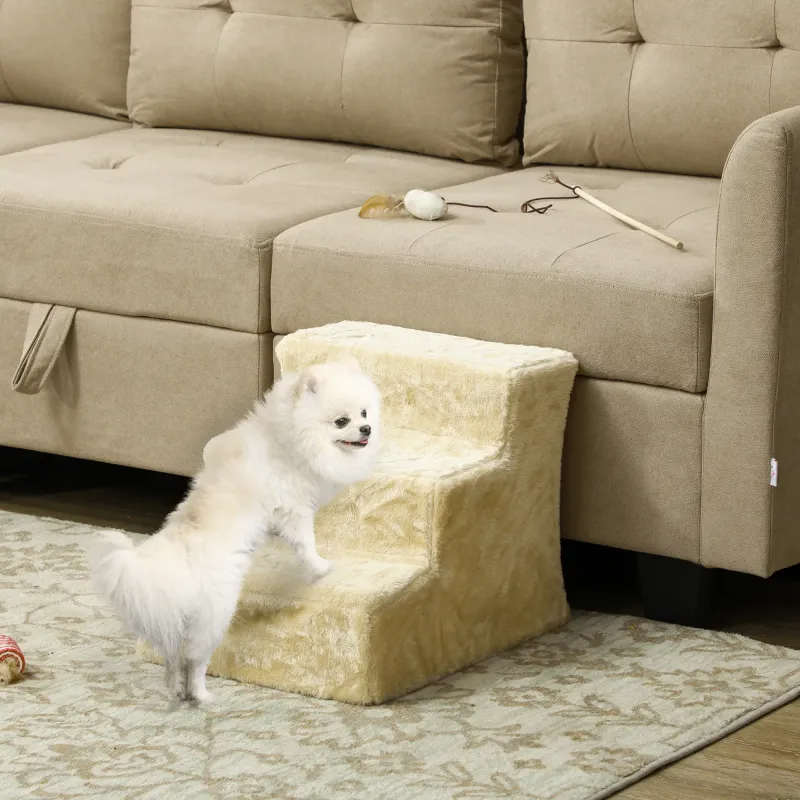 Katzentreppe, Hundetreppe, Haustiertreppe Beige – 3 Stufen, Klappbar &amp; Plüsch
