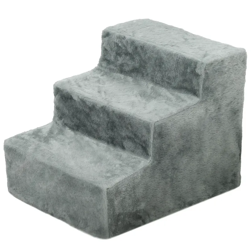 Katzentreppe, Hundetreppe, Haustiertreppe, 3 Stufen, waschbarer Plüschbezug, 46 x 35 x 35 cm, Hellgrau