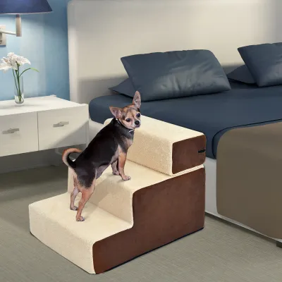 Hundetreppe Haustiertreppe Katzentreppe Beige – 3 Stufen, Plüsch & Flexibel