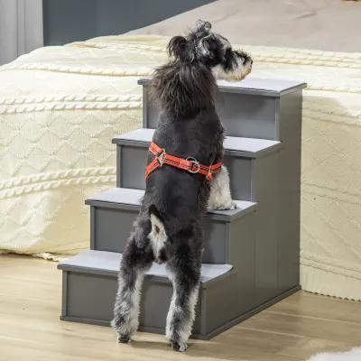 Hundetreppe Haustiertreppe Katzentreppe Grau – 4 Stufen, Kurzplüsch & Gelenkschonend