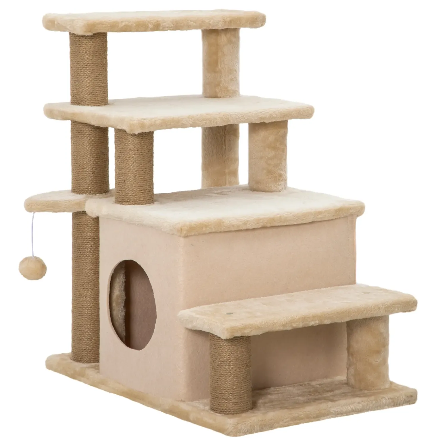 2 in 1 Katzentreppe + Kratzbaum, 4 Stufen, Spielball, Häuschen, höhenverstellbar, 60 x 40 x 66 cm, Beige