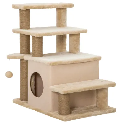 2 in 1 Katzentreppe + Kratzbaum, 4 Stufen, Spielball, Häuschen, höhenverstellbar, 60 x 40 x 66 cm, Beige