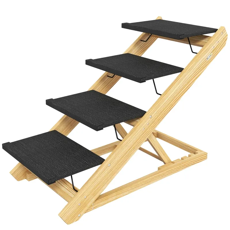 Hundetreppe, Hunderampe, höhenverstellbar, rutschfest, faltbar, 83x40x62,5 cm, Holz/natur