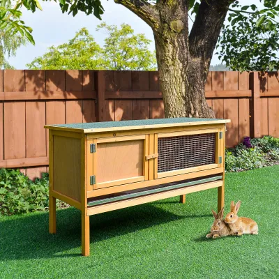 Hasenstall Kaninchenstall 2 Türen herausnehmbare Schublade aus Massivholz 115 x 44,3 x 65 cm Hellbraun