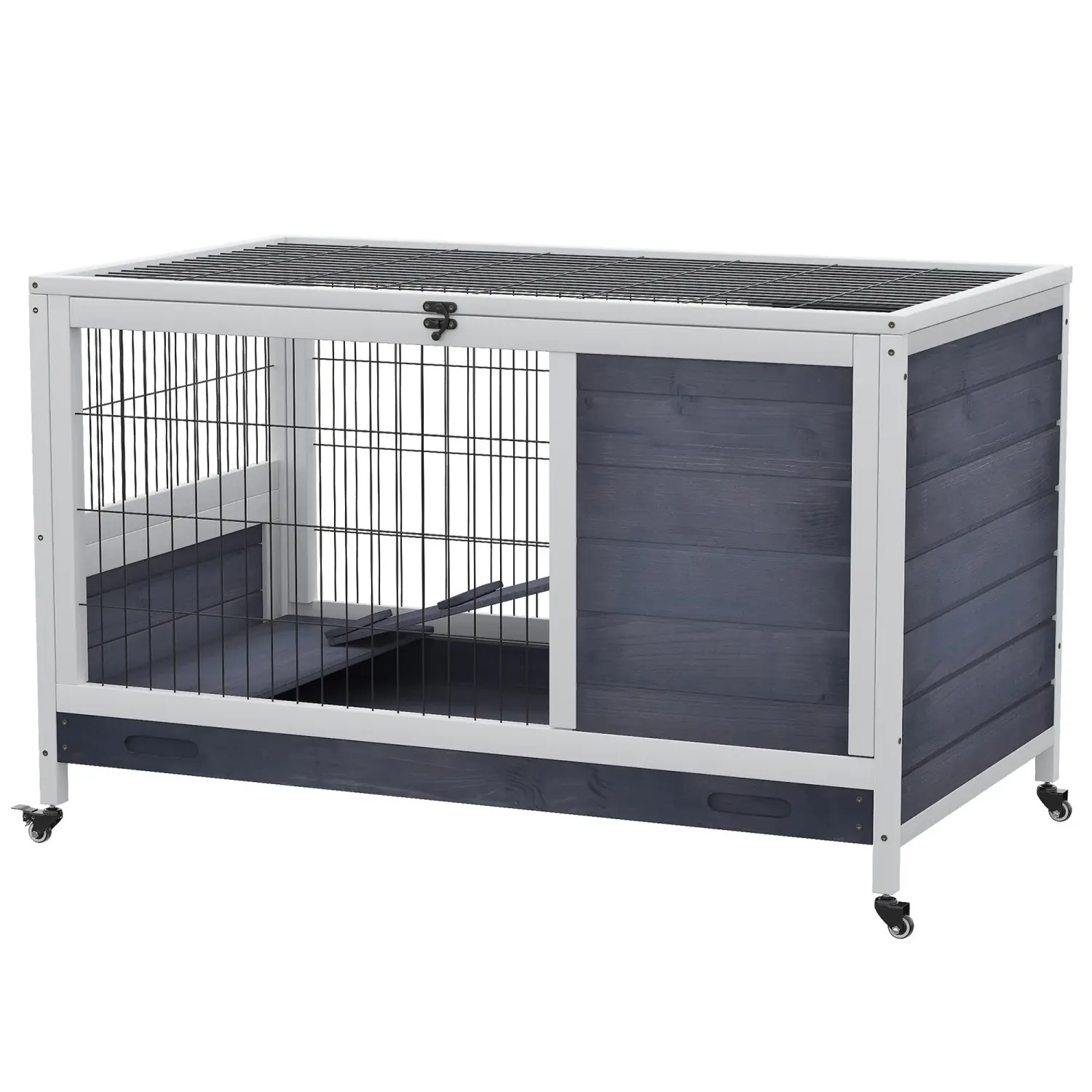 Mobiler Kleintierkäfig mit Rädern Meerschweinchenkäfig Hasenstall Tannenholz Dunkelgrau+Weiss 90 x 53 x 59 cm