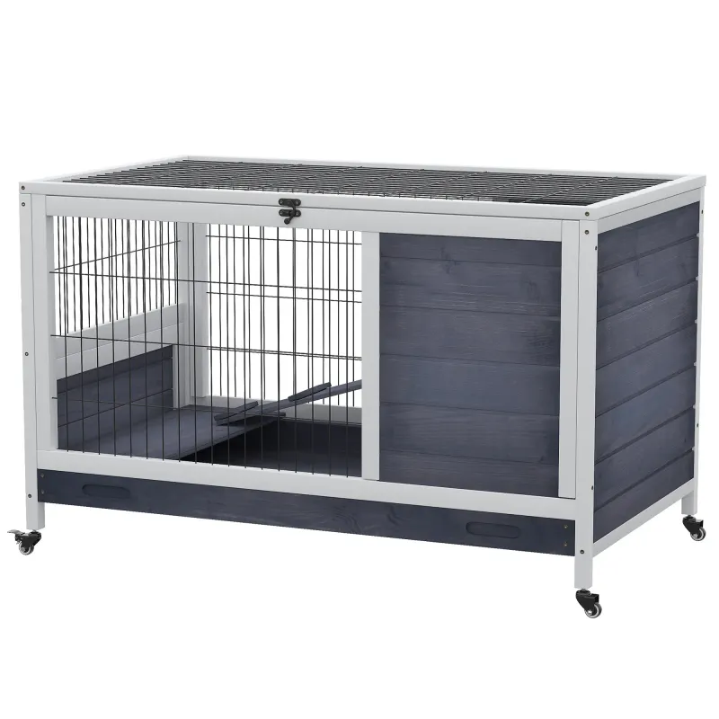 Mobiler Kleintierkäfig mit Rädern Meerschweinchenkäfig Hasenstall Tannenholz Dunkelgrau+Weiss 90 x 53 x 59 cm