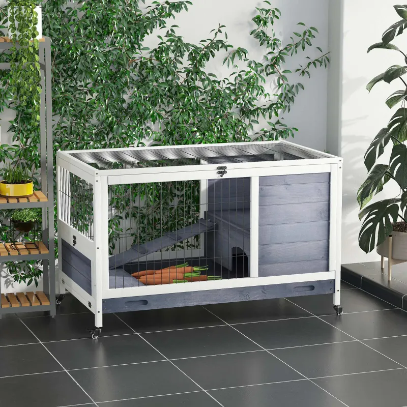 Mobiler Kleintierkäfig mit Rädern Meerschweinchenkäfig Hasenstall Tannenholz Dunkelgrau+Weiss 90 x 53 x 59 cm