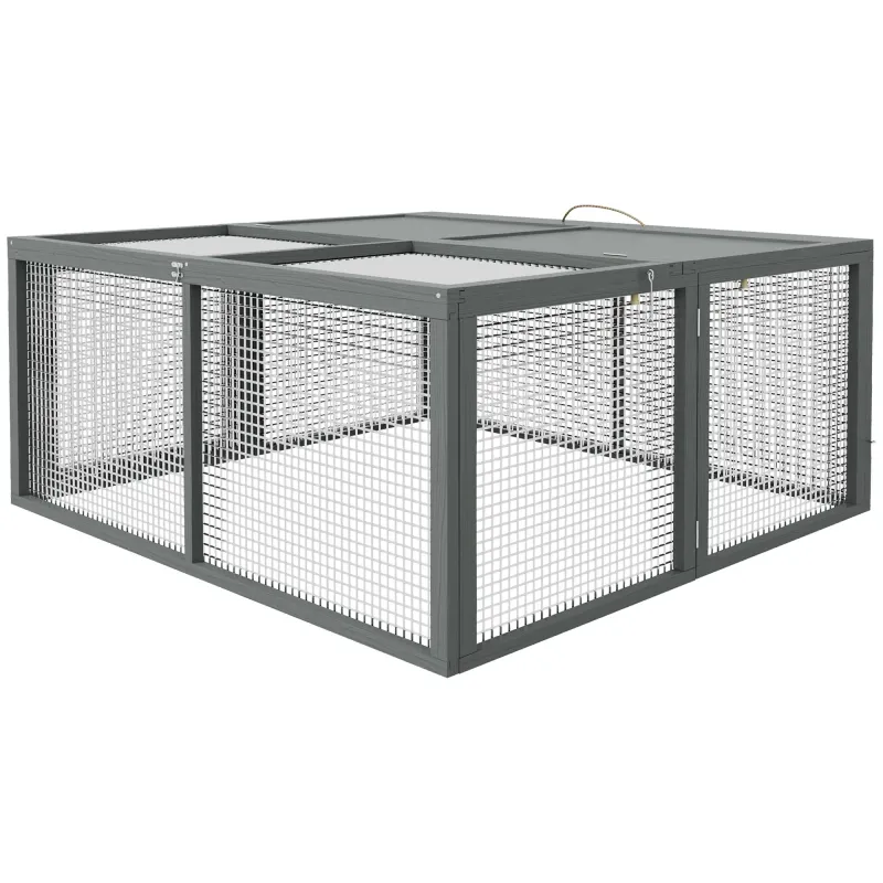 Freigehege, Kleintierkäfig, Kaninchenstall, aufklappbares Dach, Tannenholz, 120x120x57cm, grau