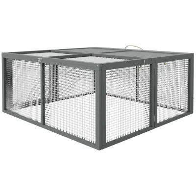 Freigehege, Kleintierkäfig, Kaninchenstall, aufklappbares Dach, Tannenholz, 120x120x57cm, grau
