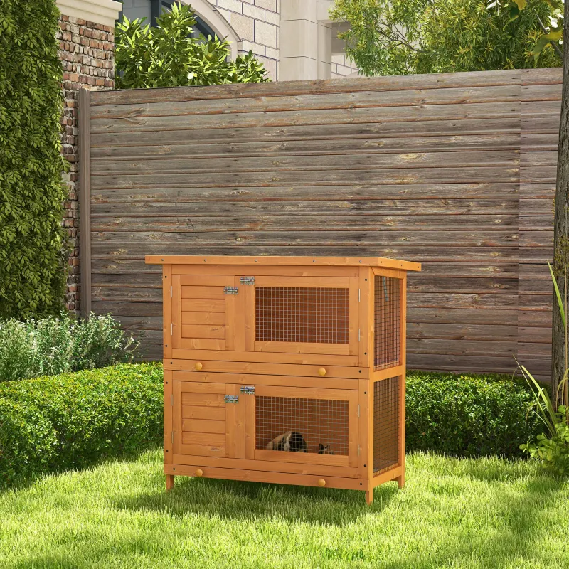 Hasenstall mit zwei Etagen und Asphaltdach 90x45x90cm Tannenholz natur