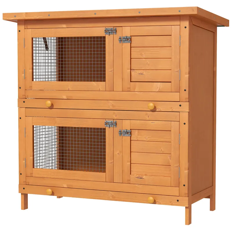Hasenstall mit zwei Etagen und Asphaltdach 90x45x90cm Tannenholz natur