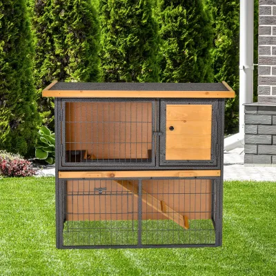 Hasenstall mit verschliessbarer Tür Holz-Metall Hellgelb 89,5 x 45 x 81 cm