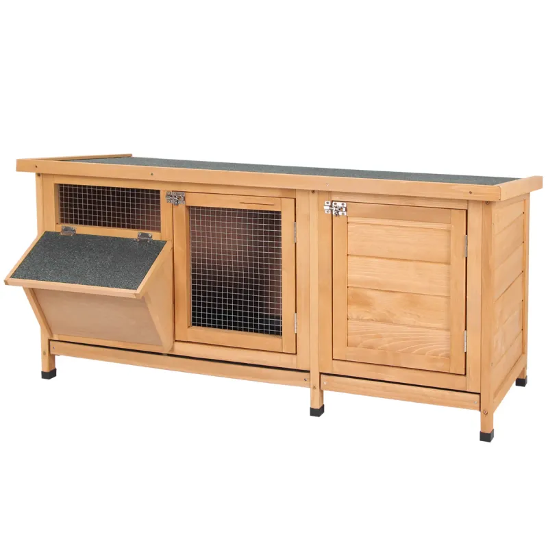 Hasenstall, Kaninchenstall mit Bodenwanne, Asphaltdach und Futtertrog Outdoor Indoor Tannenholz Natur+Schwarz 112 x 50 x 54 cm