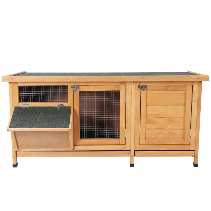 Hasenstall, Kaninchenstall mit Bodenwanne, Asphaltdach und Futtertrog Outdoor Indoor Tannenholz Natur+Schwarz 112 x 50 x 54 cm