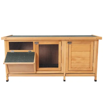 Hasenstall, Kaninchenstall mit Bodenwanne, Asphaltdach und Futtertrog Outdoor Indoor Tannenholz Natur+Schwarz 112 x 50 x 54 cm
