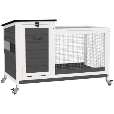 Mobiler Kaninchenstall, Hasenstall mit Freilaufgehege auf Rädern,  Klappdach 92 x 52 x 67 cm Dunkelgrau