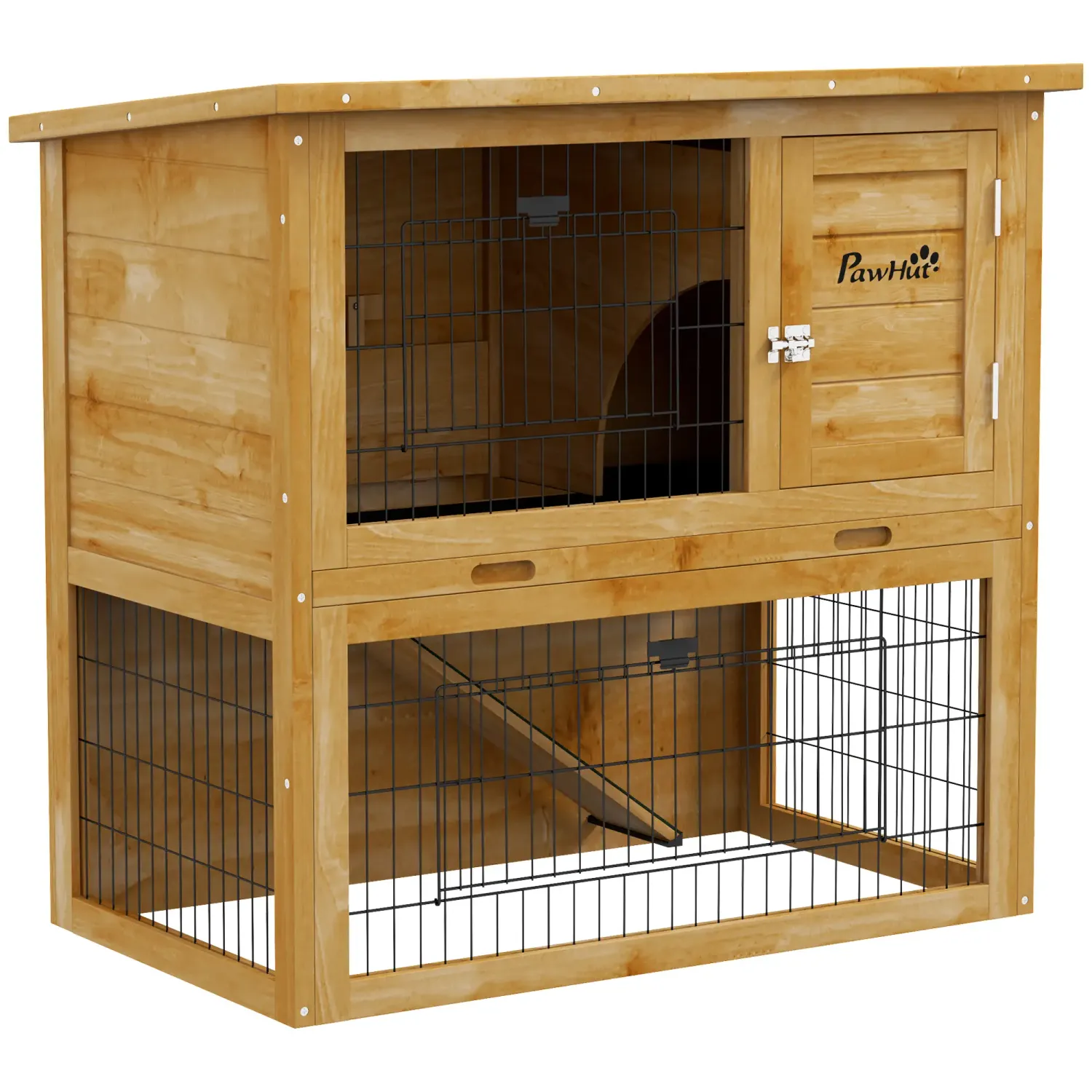 Kaninchenstall, Hasenstall aus Holz 2 Etagen mit Rampe Bitumendach 85 x 50 x 80 cm gelb