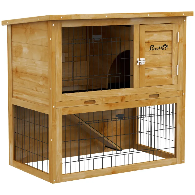 Kaninchenstall, Hasenstall aus Holz 2 Etagen mit Rampe Bitumendach 85 x 50 x 80 cm gelb