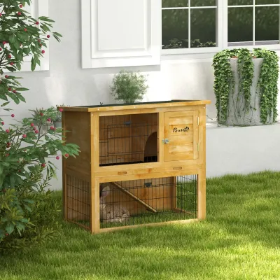 Kaninchenstall, Hasenstall aus Holz 2 Etagen mit Rampe Bitumendach 85 x 50 x 80 cm gelb