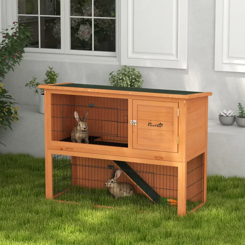 Kaninchenstall, Hasenstall aus Holz 2 Etagen mit Rampe herausziehbare Schublade 120 x 50 x 92 cm Orange