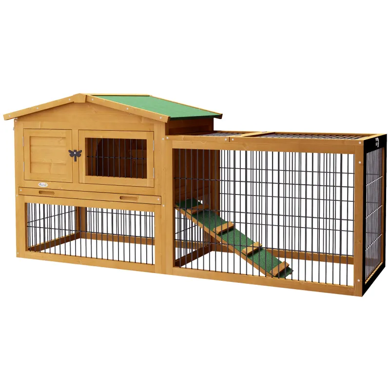 Doppelstock-Hasenstall 2 Ebenen Kaninchenstall Winterfest mit Freilaufgehege Rampe 150x52x68 cm Gelb