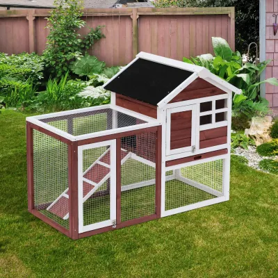 Hasenstall Multi-ausgestattet: Oberteil mit Rampe, Kotwanne, Fenster + sicheres Aussengehege 2 Türen 122L x 63B x 92H cm Terrakotta