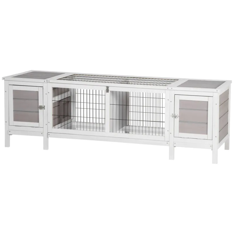 Hasenstall, Kleintierstall mit Bodenwanne Outdoor Weiss+Grau 161 x 50,5 x 53,3 cm