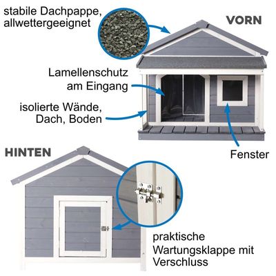 Holz-Hundehütte, klein, mit Satteldach und Veranda, grau, wetterfest