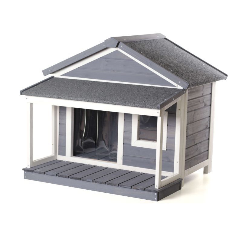 Holz-Hundehütte, klein, mit Satteldach und Veranda, grau, wetterfest