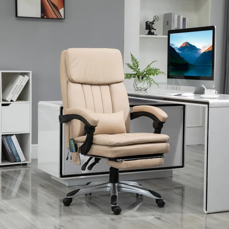 Büro‑Massagesessel – Beige | 7 Punkte, 90–155° Liege, Fussstütze, 360° drehbar