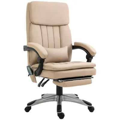 assagesessel Bürostuhl ergonomisch höhenverstellbar neigbare Rückenlehne ausziehbare Fußstütze Lendenkissen Fernbedienung Kunstleder beige