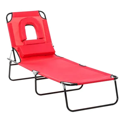 Sonnenliege klappbarer Strandliege 4-fach verstellbar, Gartenliege mit Leseloch 3 Kissen Rot