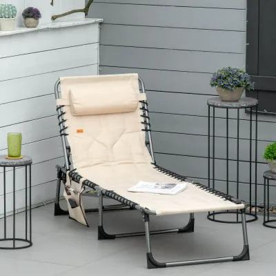 Sonnenliege, faltbar, Klappliege mit Kissen, 5-stufige Rückenlehne, Oxfordstoff, 188 x 57 x 30 cm, Beige