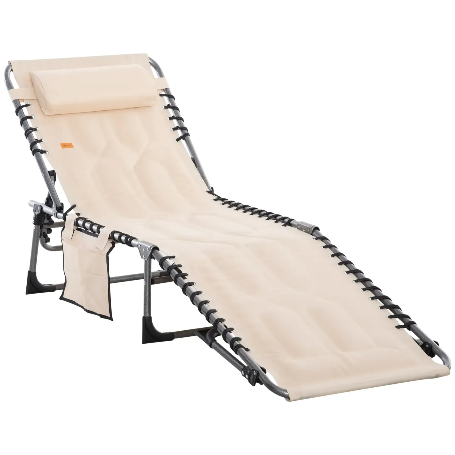 Sonnenliege, Faltbare Gartenliege, Klappliege mit Kissen, 5-stufige Rückenlehne, Beige