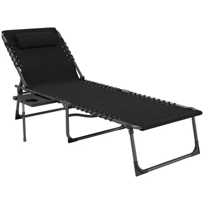 Sonnenliege klappbar verstellbare Rückenlehne und Tablett, Kopfkissen, Seitentasche 60 x 190 x 31 cm, Schwarz