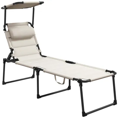 Sonnenliege Klappbarer Liegestuhl mit Sonnenschutz, verstellbares Kopfkissen 70 x 200 x 45 cm Creme